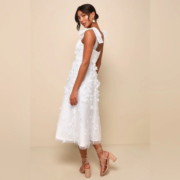 Lulus-Effortlessly Sweet White Tulle 3D Floral Tie-Strap Midi Dress (Medium) - Picture 2 of 5